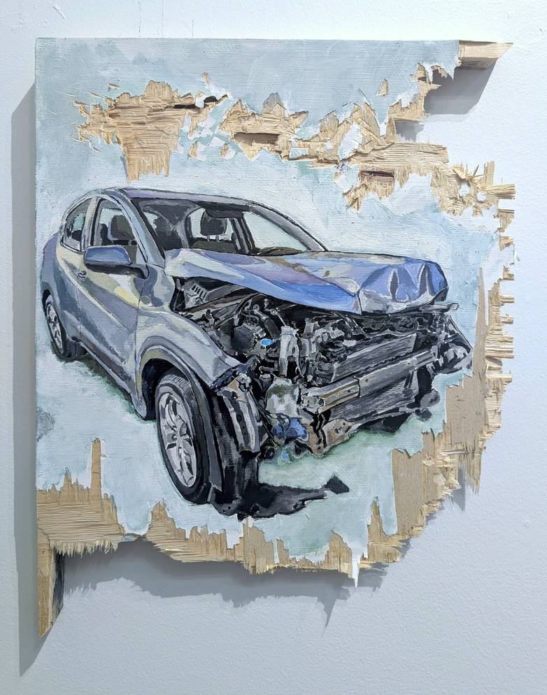 A mixed media painting of a damaged car painted on a wooden plank that's splintered and broken away.