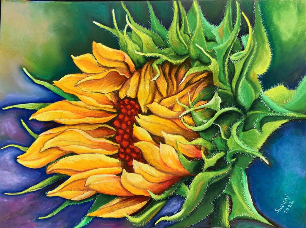 Vividly hued painting of a close-up side view of a sunflower.