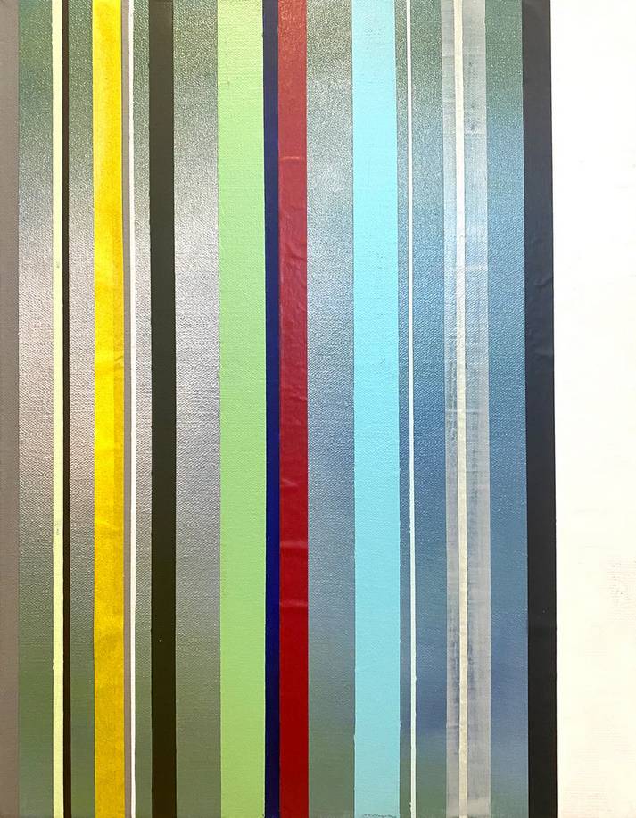 Abstract painting with an array of vertical lines of different colors and widths.