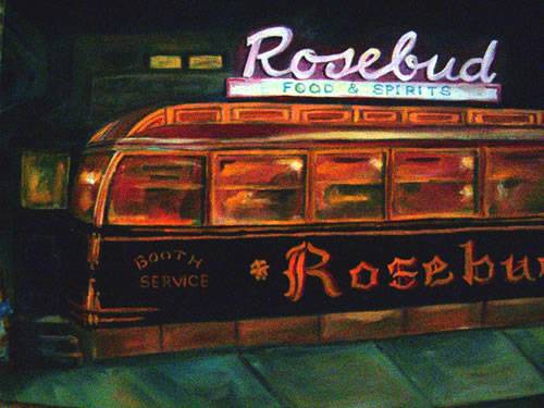 Painting of a train car diner in dark, night-time hues.