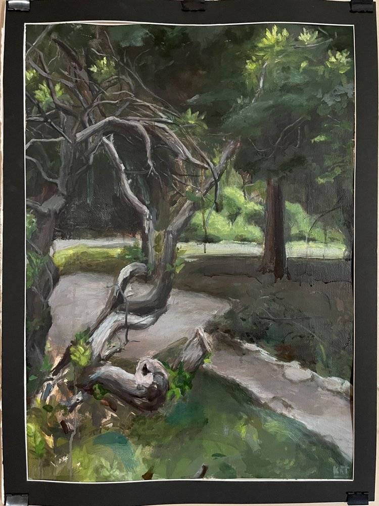 Painting of a narrow path through a lush green forest.