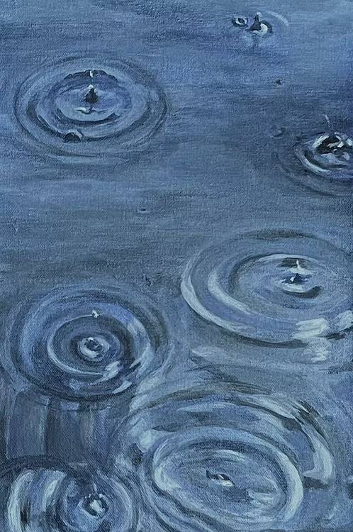 A painting depicting a body of water rippling with rain drops.