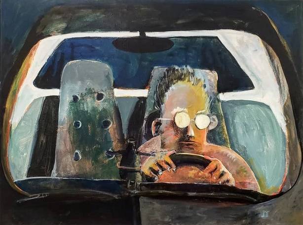 Comically stylized painting of a man in glasses at the wheel of a car.