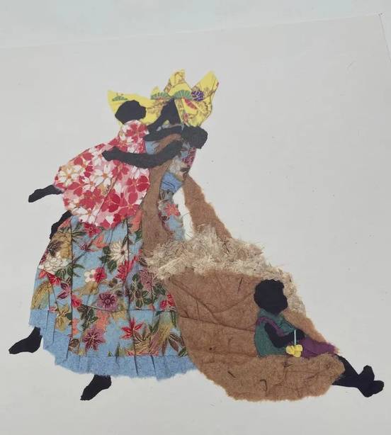 Collage art depicting a black woman holding one child, with another sitting on her large brown bag.