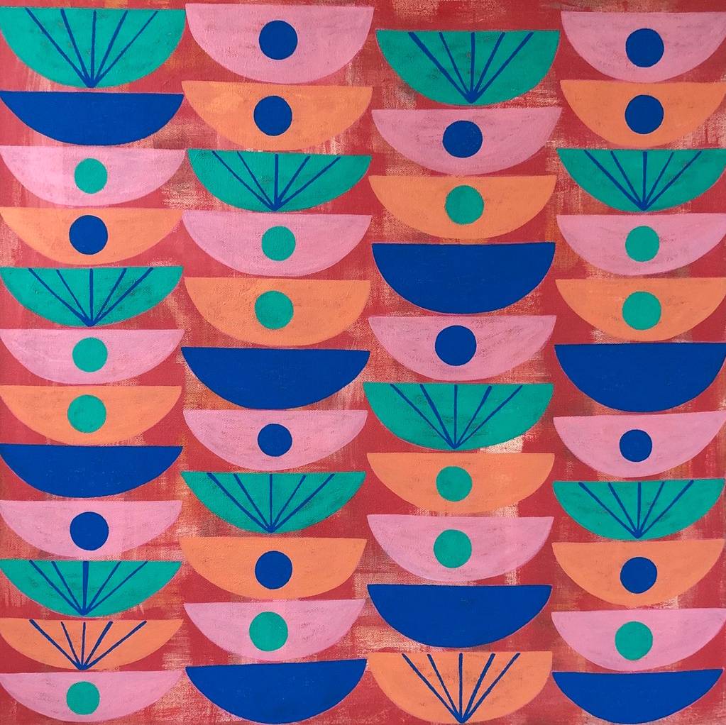 Abstract drawing of rows of pink, orange, blue, and green bowls, stacked.