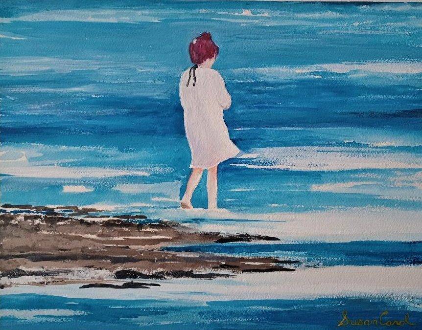 Tranquil painting of a young woman in a sundress wading in the ocean.