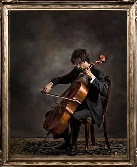 Realistic painted portrait of young man deeply immersed in playing the cello.