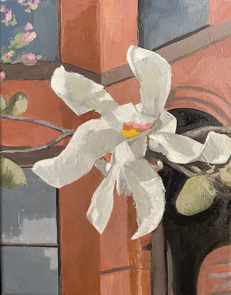 Somewhat impressionistic painting depicting a white flower.