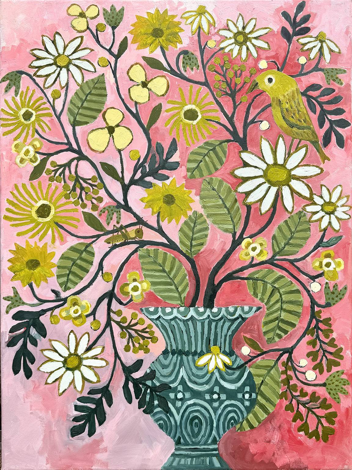 Playful watercolor painting of a bird and grasshopper resting amongst wild flowers in a vase.