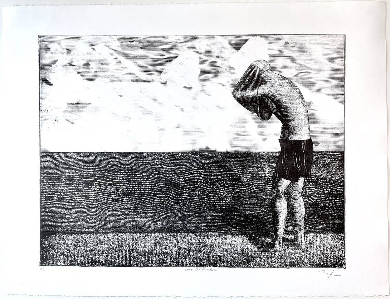 Black and white print depicting a man pulling his shirt over his head in preparation to swim.