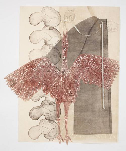 Debra Olin (Drawing & Printmaking Finalist '20), TOTEM OF QUESTIONS (2011), monoprint collage, ribbon, 53x45.5 in.