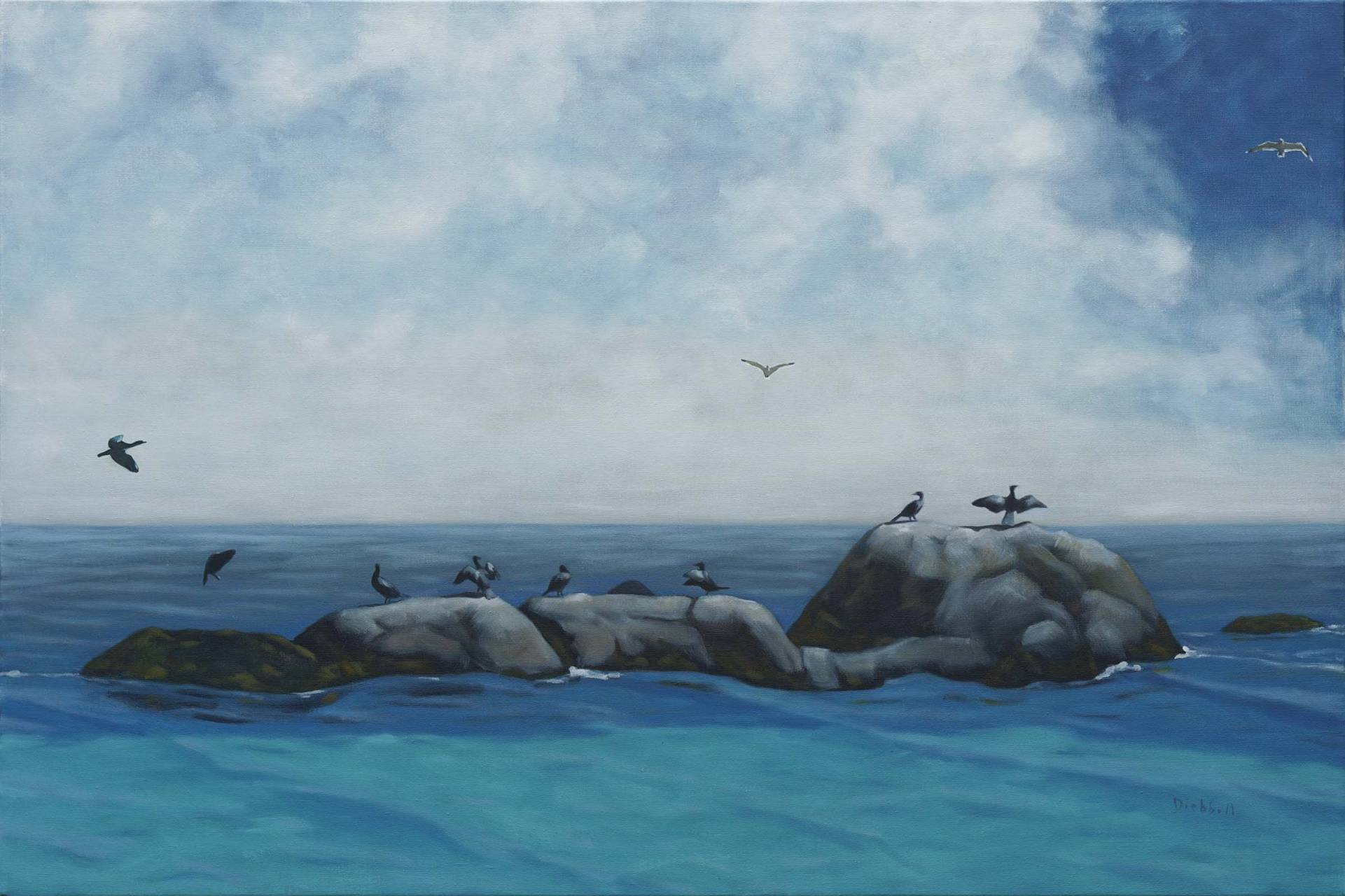 Painting of cormorants perching on a rocky outpost in the ocean.