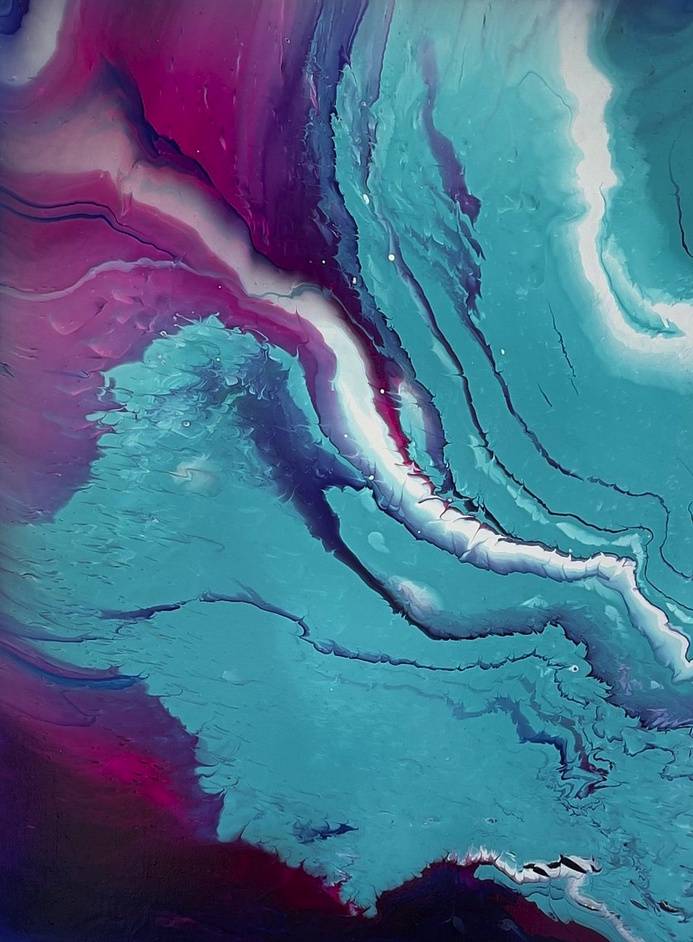 An abstract painting resembling two watery currents colliding, one a deep magenta and the other a vibrant cyan.