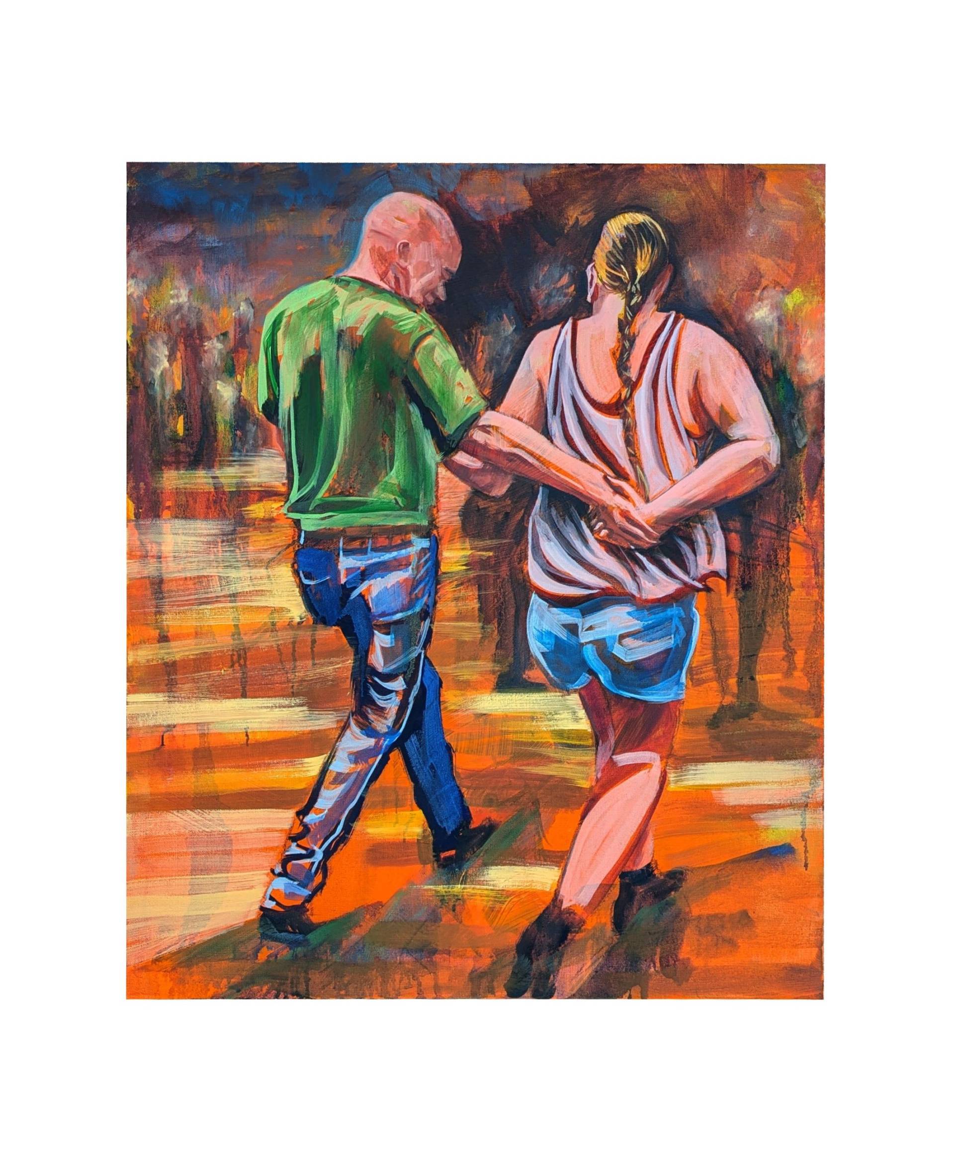 Painting of a man and woman country line dancing.