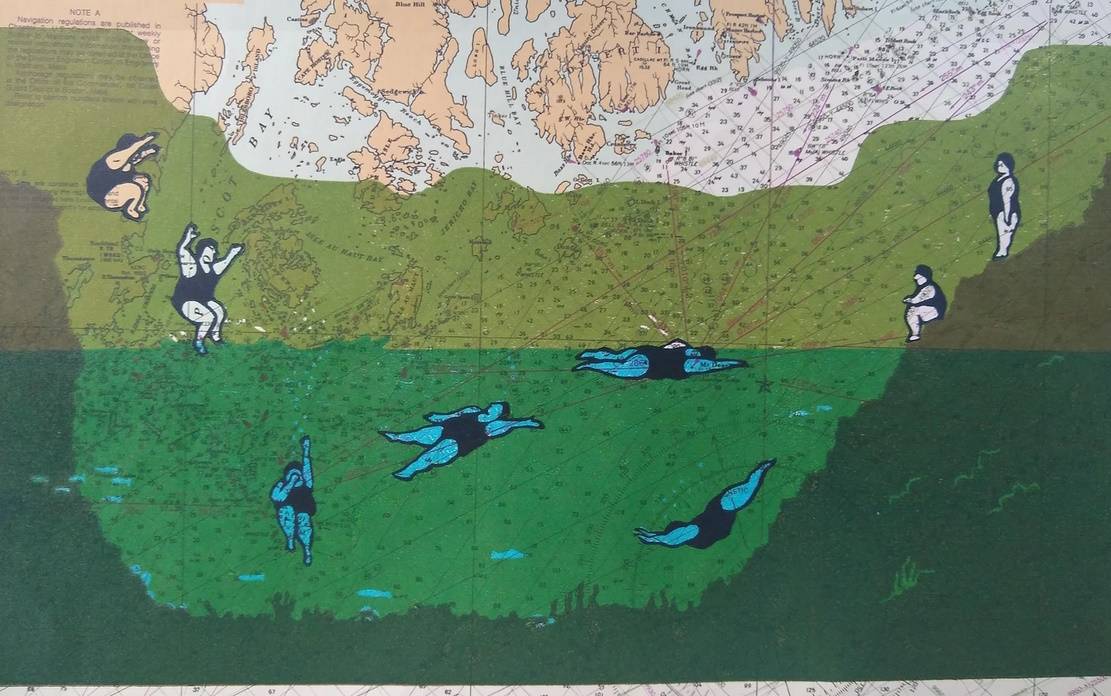 Ink drawing of female figures swimming superimposed over a world map.