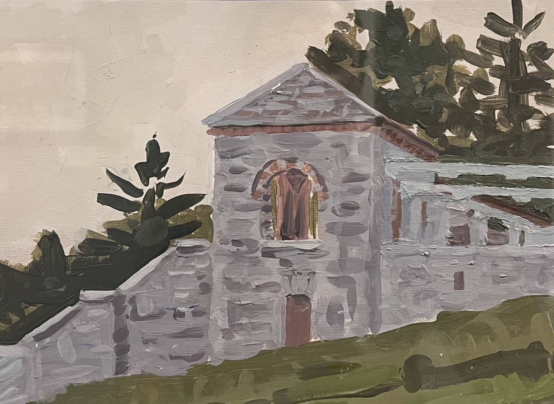 Painting in muted, understated tones of a stone castle in a wooded landscape.