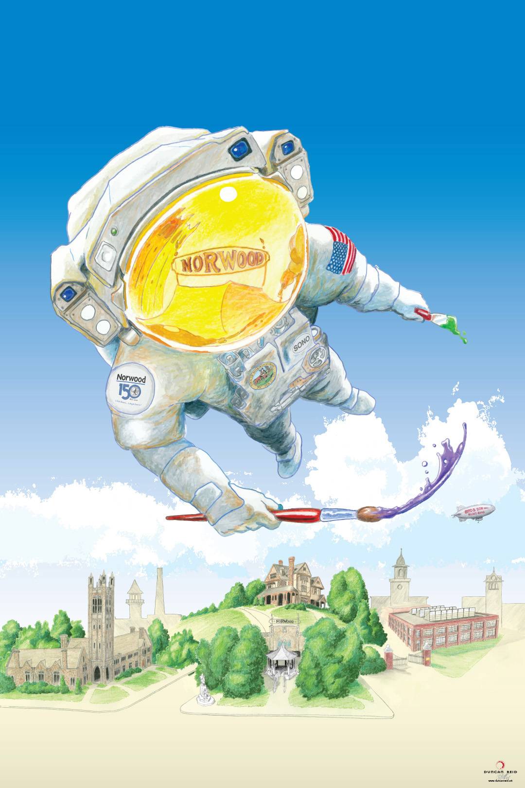 Whimsical painting of an astronaut floating through Norwood MA holding a paint brush.