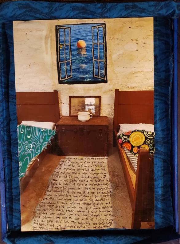 A collage depicting a mysterious scene of a child's bedroom with a window looking out onto an open sea.