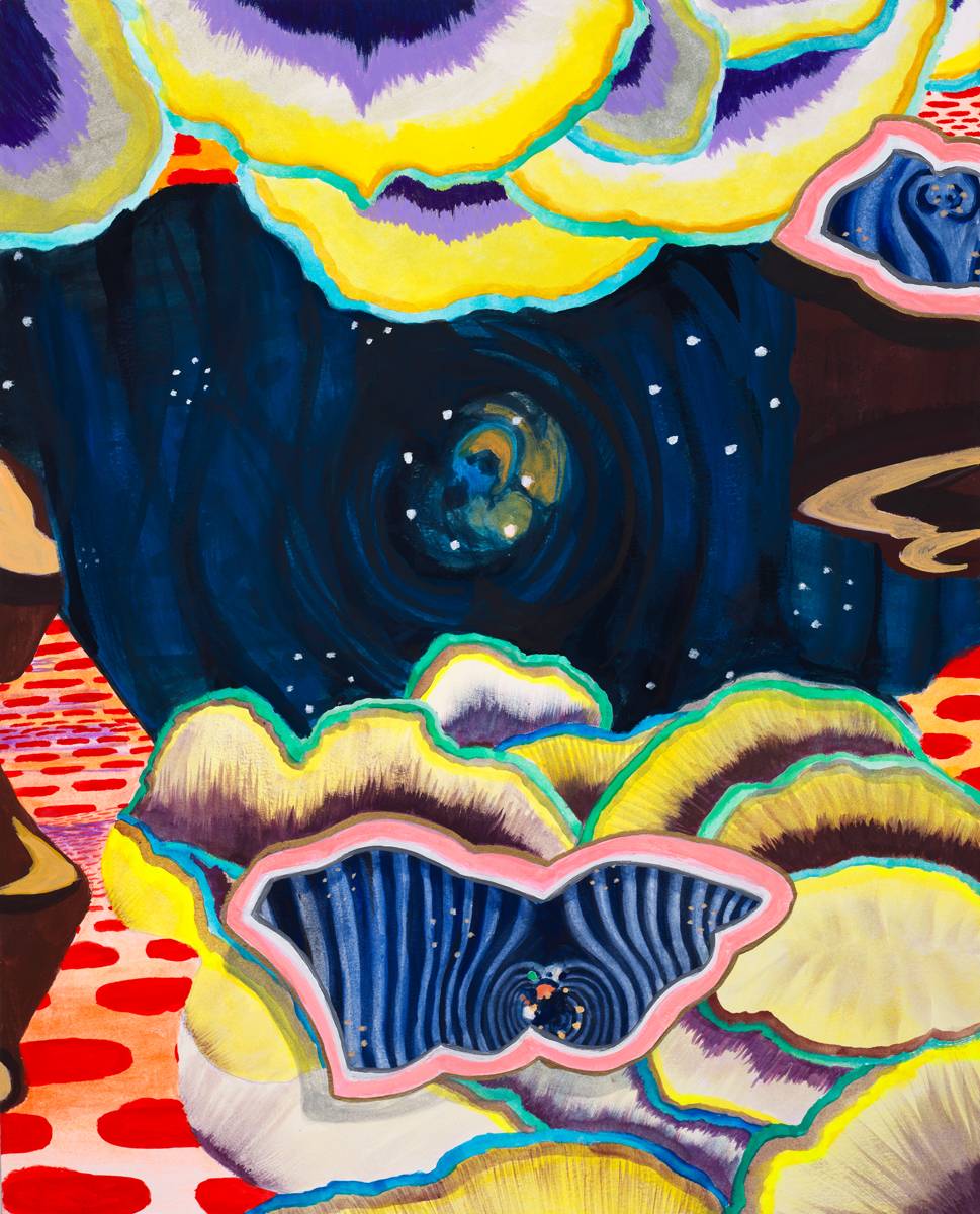 Abstract painting with vibrant, striking colors and shapes resembling natural forms.