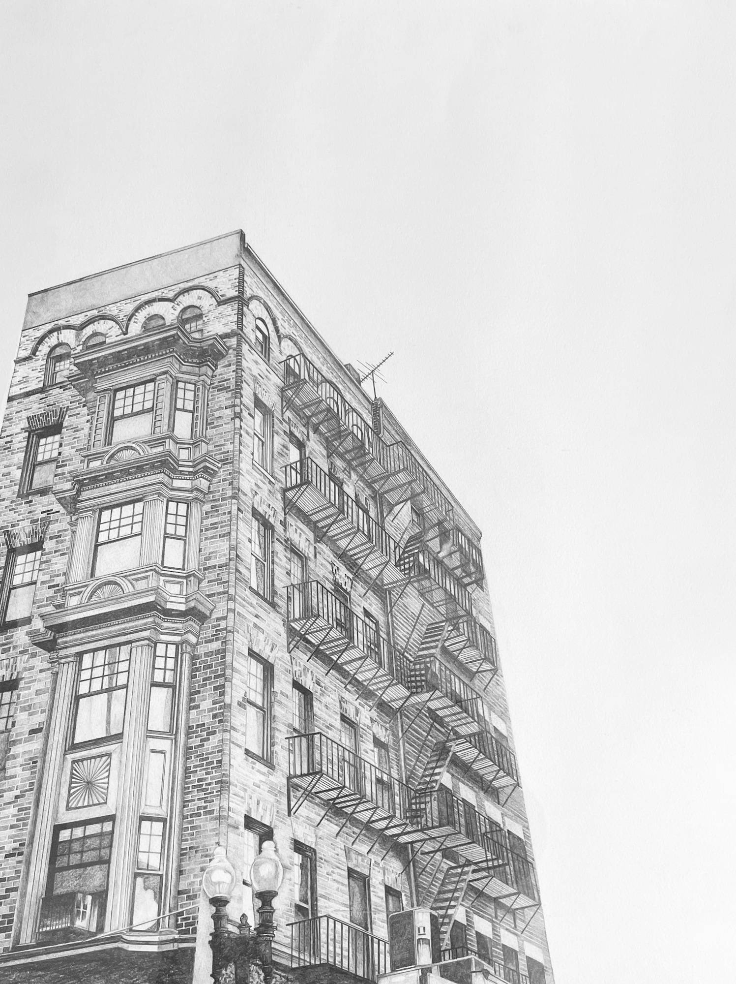 Pencil drawing of a Boston apartment building.