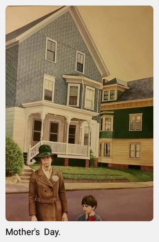 A moody, muted painting depicting a melancholy-looking woman with her young son, titled "Mother's Day".