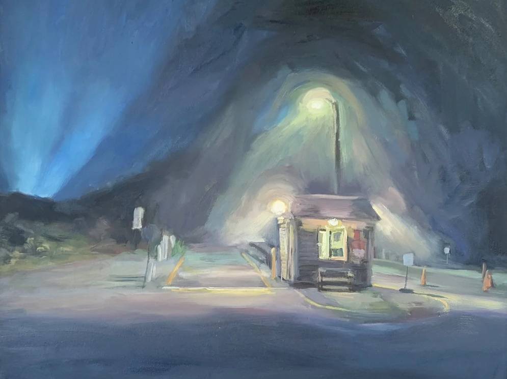 Atmospheric painting of a booth on a Cape Cod beach, at night.