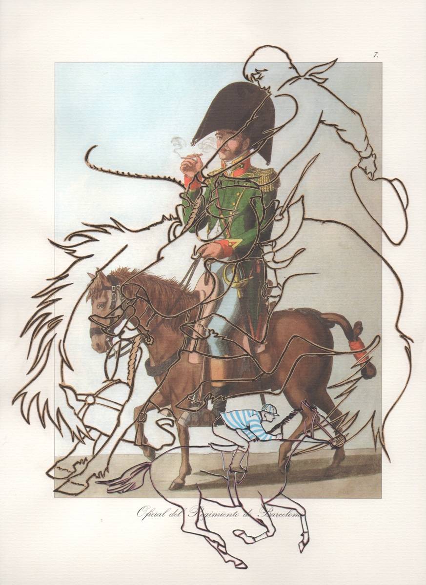 Multimedia painting of a colonial-era man on a horse.