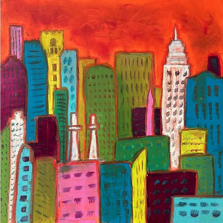 Brightly hued painting of a city skyline against a red sky.