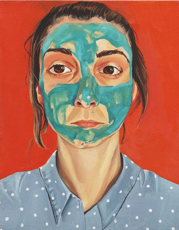 Realistic painting of a woman with large brown eyes and slightly bedraggled hair, with a mask of pale green face cream covering most of her face.