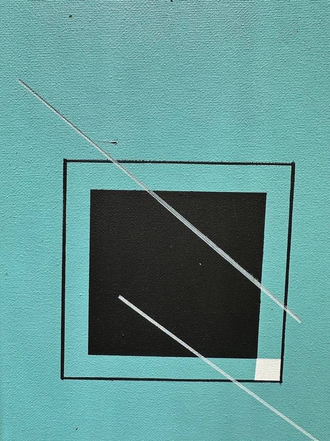 Abstract painting with a teal base crossed with diagonal lines and black squares.