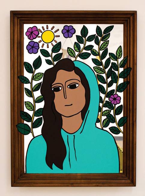 A brightly hued, stylized painting of a woman of color with a thoughtful look.