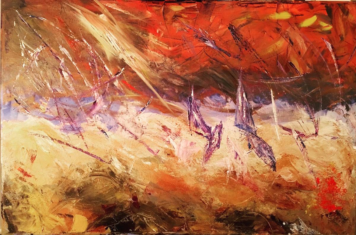 An abstract painting resembling a roiling stormy sky in vivid red, orange, and magenta hues.