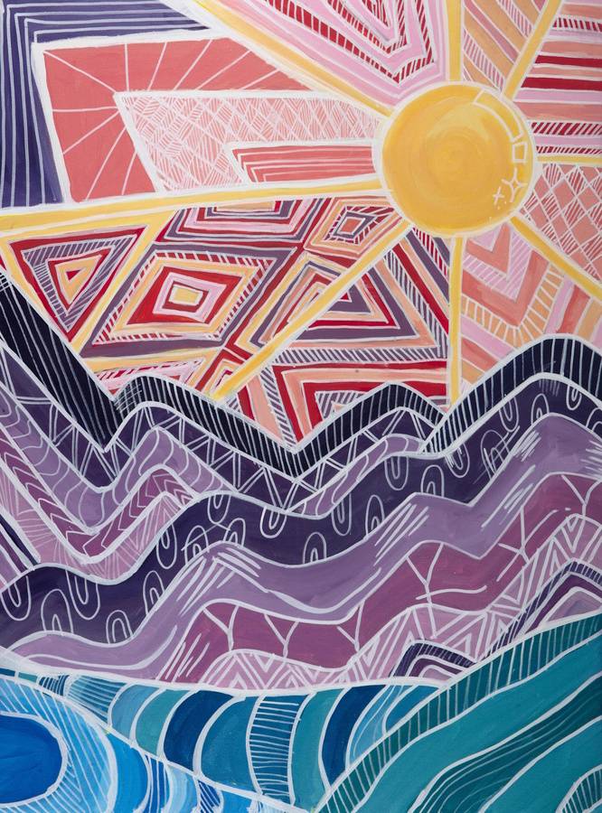 Vibrant painting of a sunrise over rolling seas, stylized with thick lines.