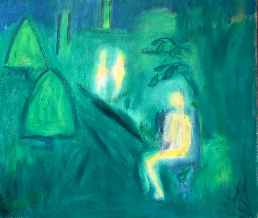 A painting of a figure sitting in a tree-lined park, done in an impressionistic style with rich green hues.