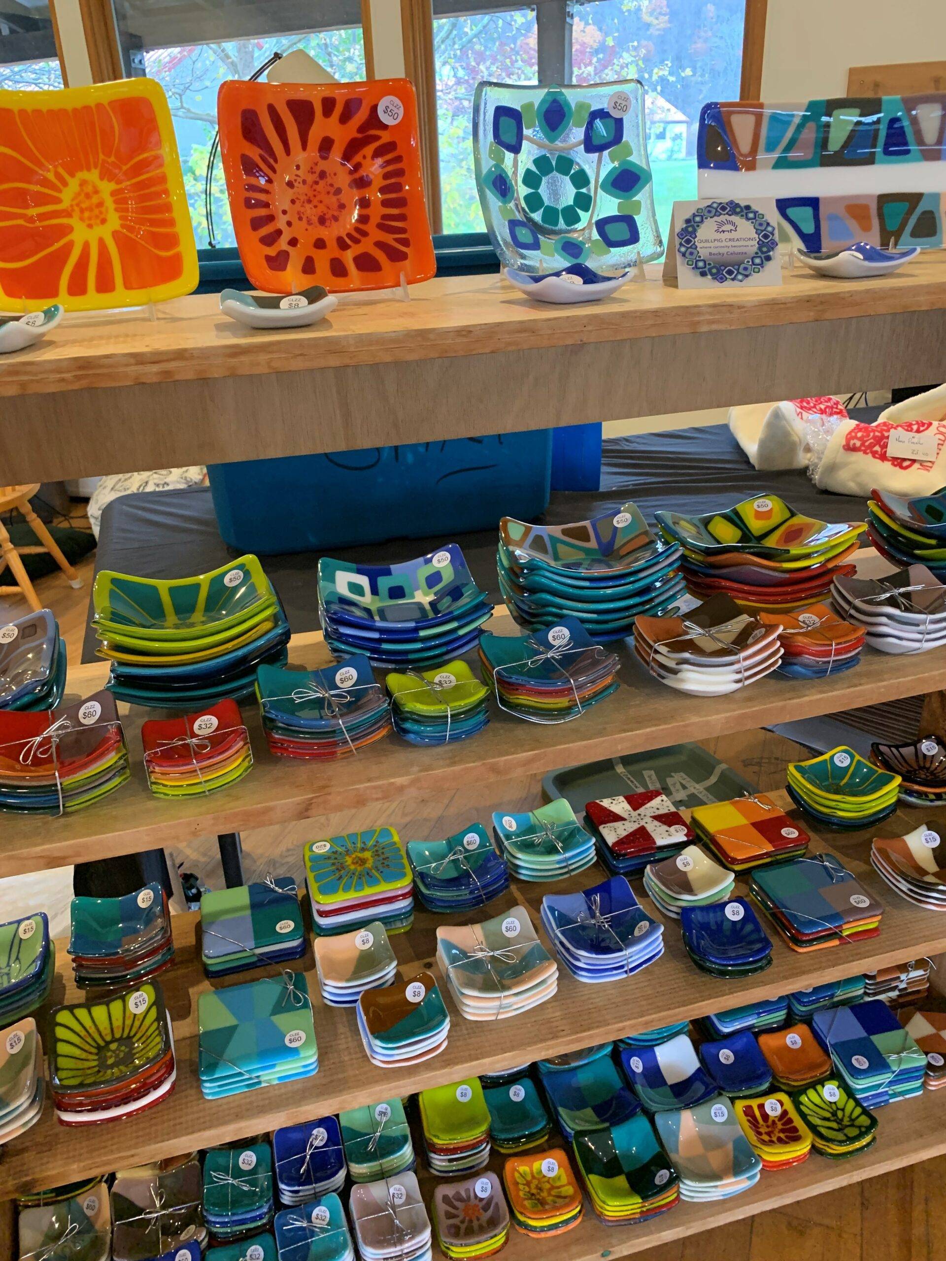 Shelves of ceramic goods.