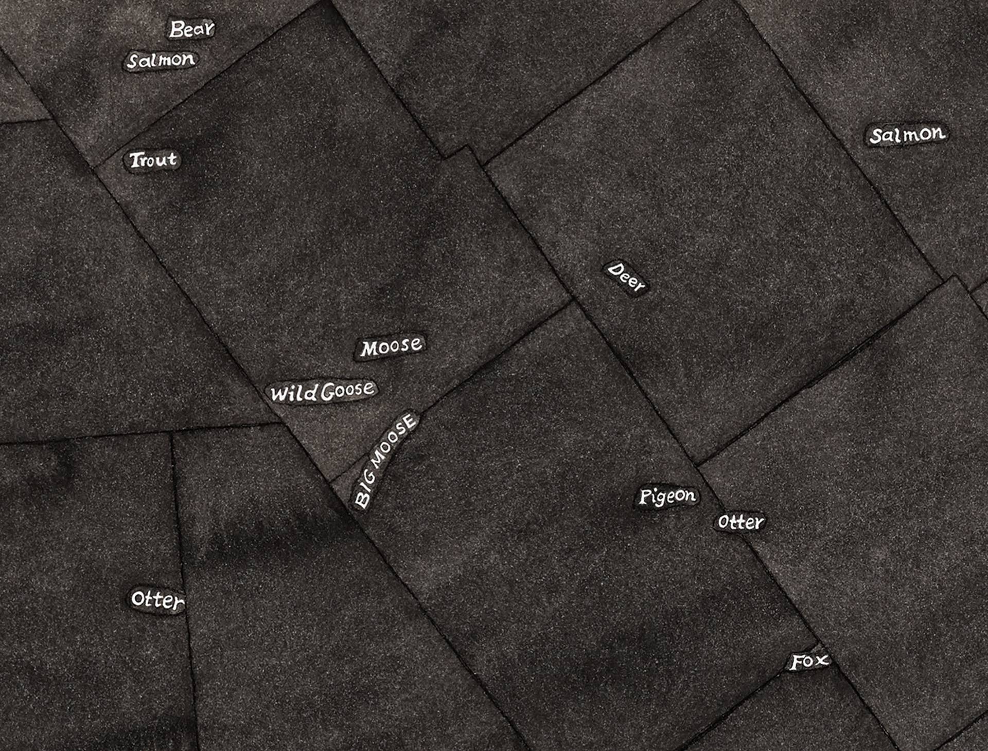 Naoe Suzuki (Drawing & Printmaking Fellow '06), MAP OF ADIRONDACK WILDERNESS, 1888, detail (2019), India ink, walnut ink, and ink on paper 86x70 in (diptych), photo by Stewart Clemente.