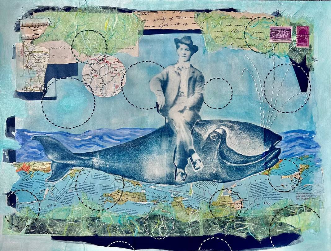A whimsical collage depicting a man sitting on a whale's back.