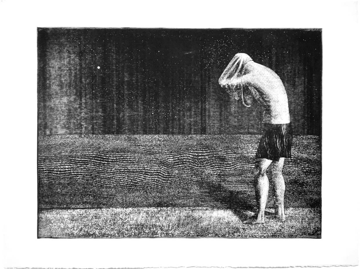 Black and white print depicting a man pulling his shirt over his head in preparation to swim, at night.