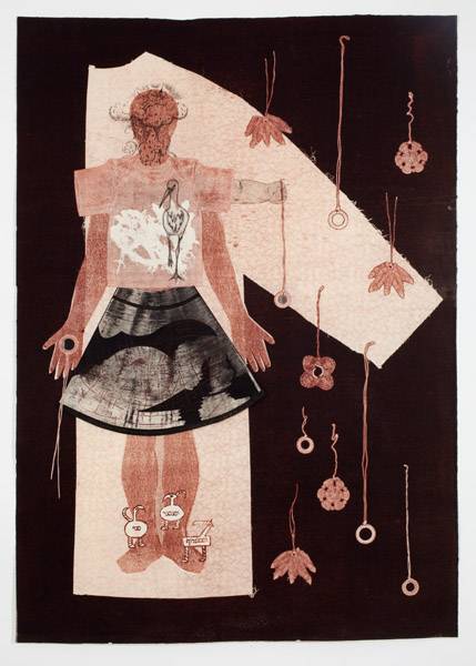 Debra Olin (Drawing & Printmaking Finalist '20), EVERY PROTECTION (2011), monoprint collage, mirrors, 52.5x37.5 in.