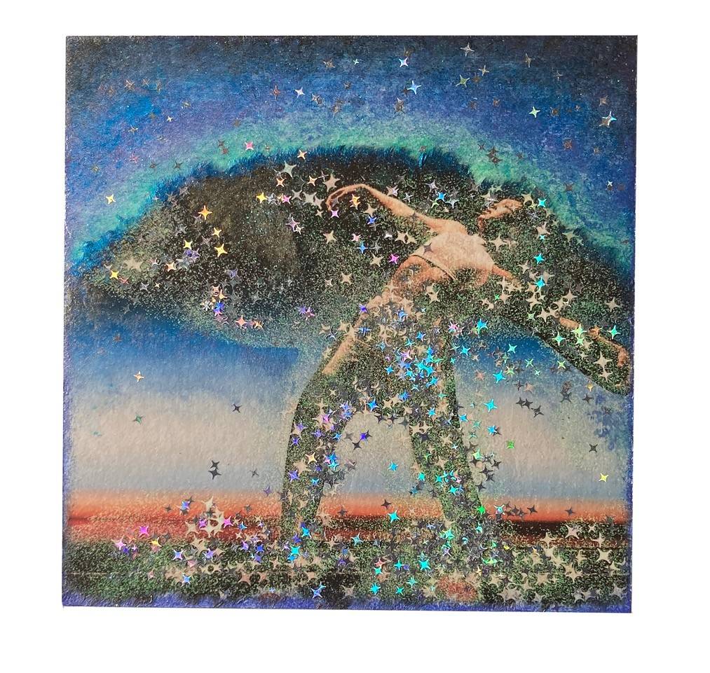 Mixed media art depicting a woman dancing in an abstracted landscape superimposed with stars.
