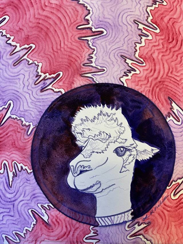 Drawing of a llama encircled by red and purple energy.