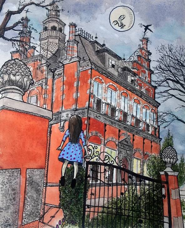 A stylized illustration of a young girl soaring into the air in front of a luxurious estate.