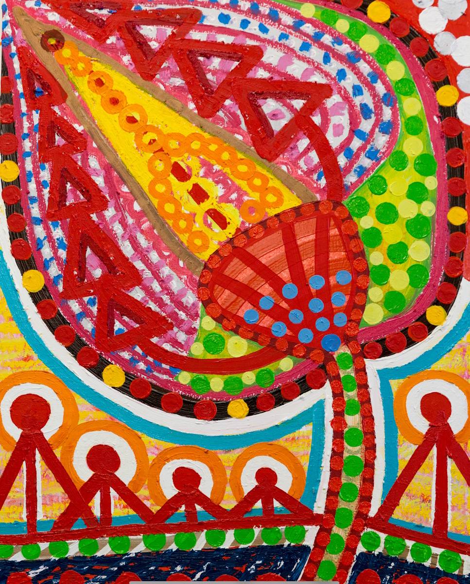 Abstract painting with vibrant reds, oranges, and greens.