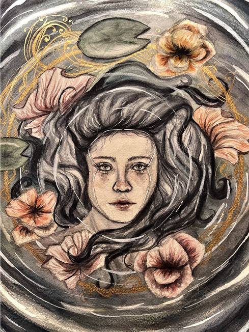 Drawing of a young woman's face surrounded by swirling flowers.