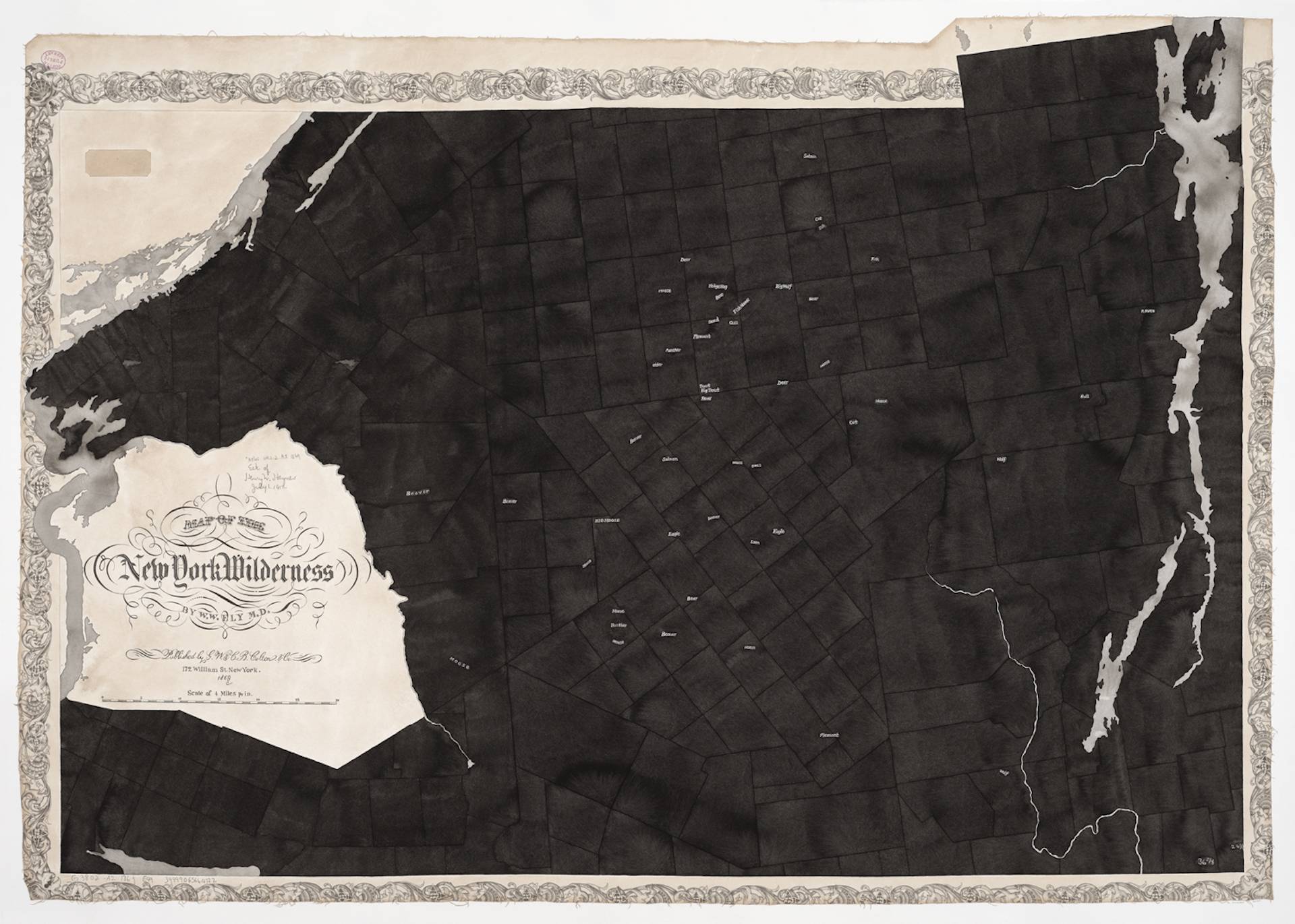Naoe Suzuki (Drawing & Printmaking Fellow '06), MAP OF NEW YORK WILDERNESS, 1869 (2020), India ink, walnut ink, and ink on paper 42x62 in (diptych), photo by Julia Featheringill.