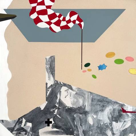 Abstract painting blending geometric shapes of different colors and patterns.