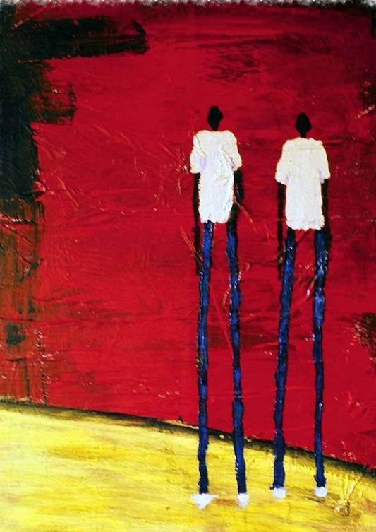 Striking painting of two figures, both with black skin and white clothes and with exaggerated long, narrow legs.