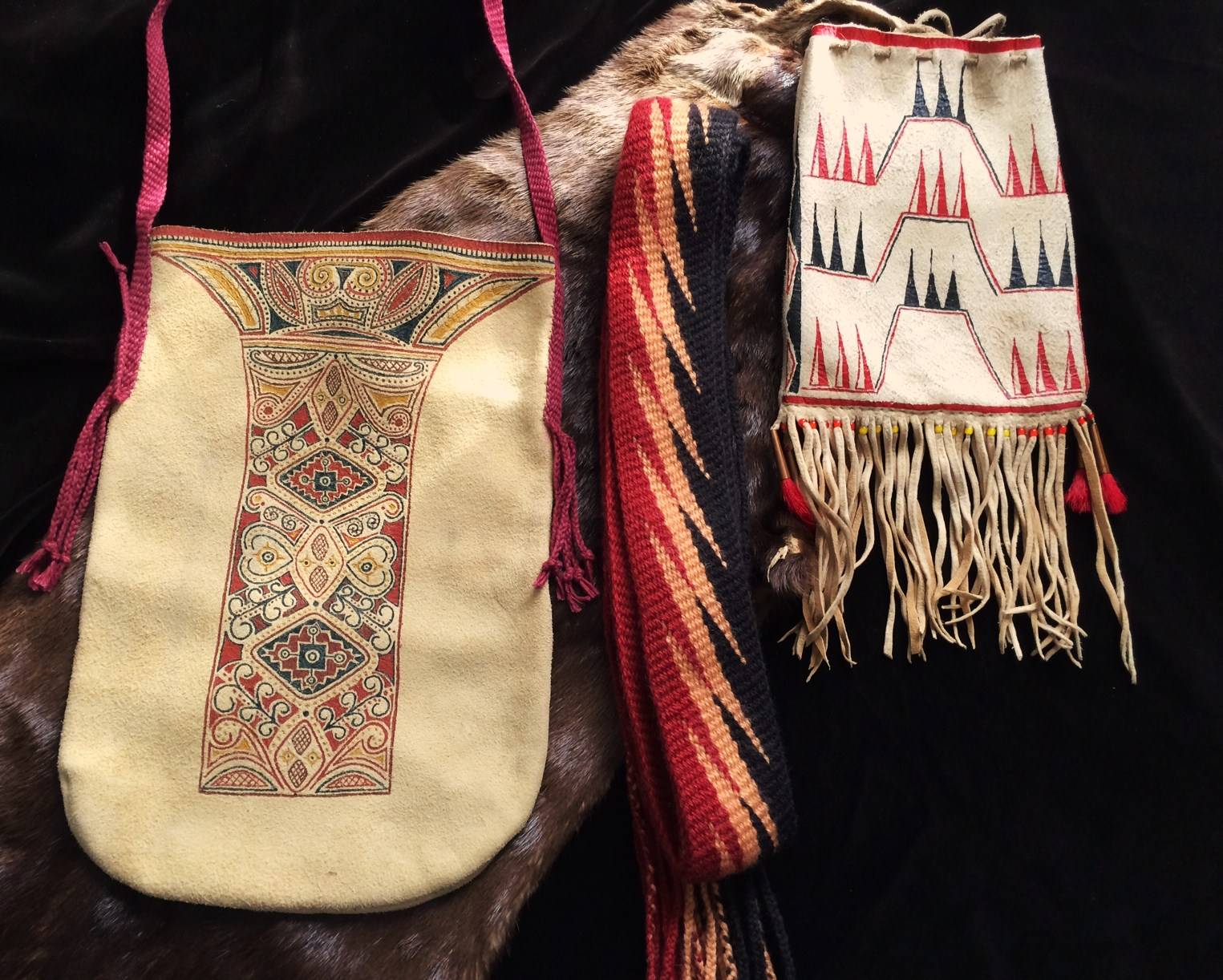 Elizabeth James-Perry (Traditional Arts Fellow '14), Deer skin pouches and lightning flash finger weaving sash, deerskin, wool.