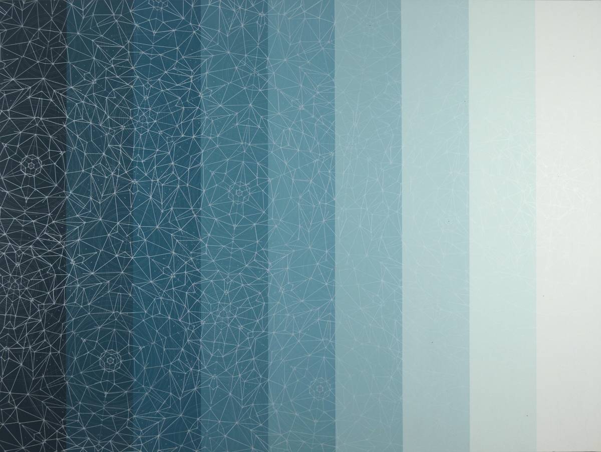 Painting with blue columns descending in shade, dark to light, superimposed with a detailed kaleidoscopic pattern.