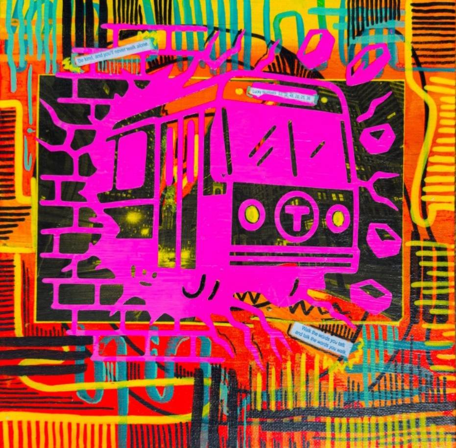 Mixed-media artwork depicting an MBTA train emerging from layers of texture and tropical colors.